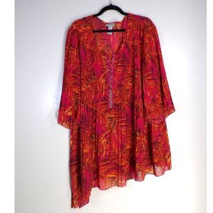 Catherines Blouse Women 2X-22/24W Floral‎ Crinkle Beaded Asymmetrical Tropical